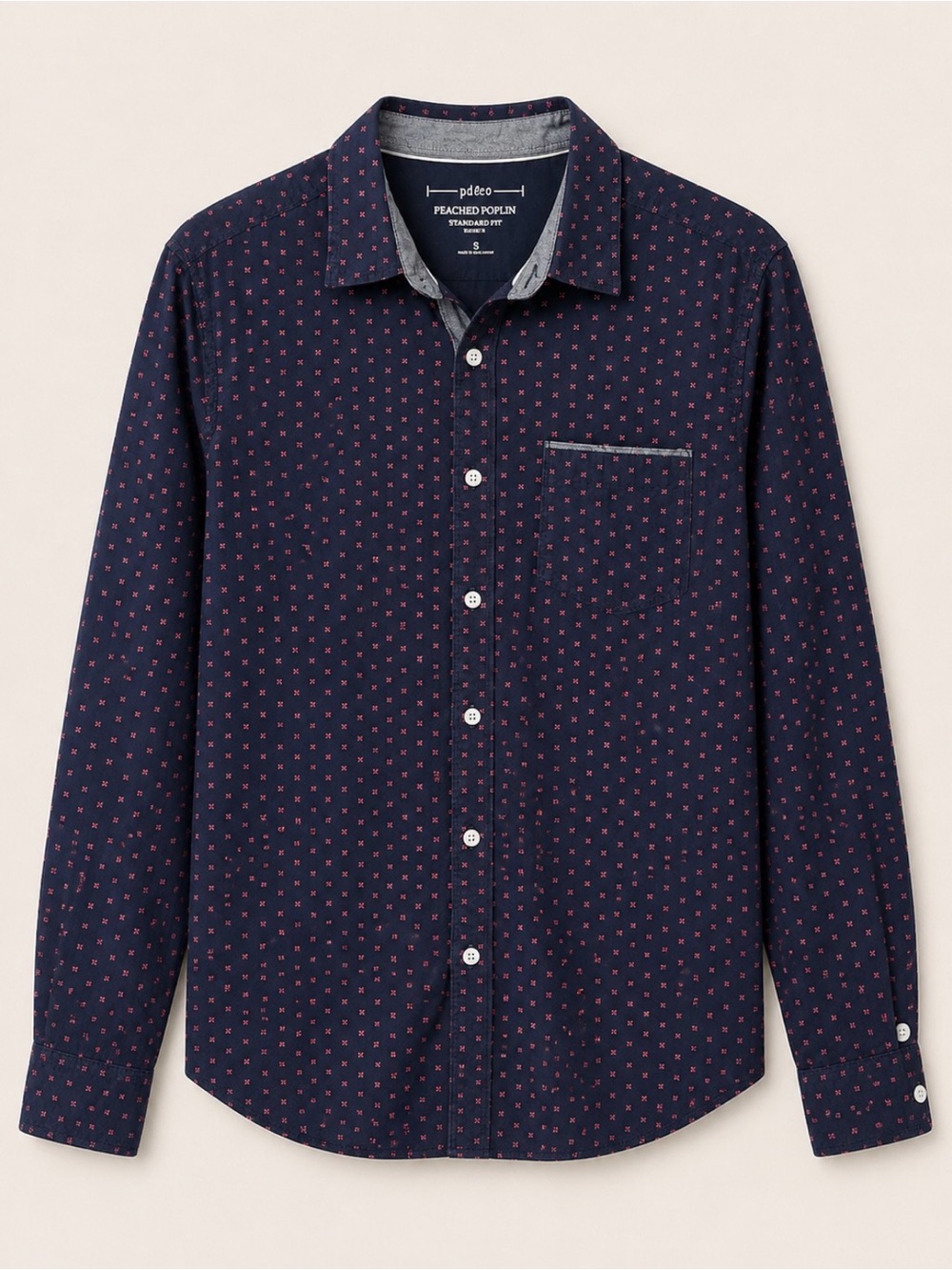 PD&C men’s Navy Long-Sleeve Button-Down Shirt with Pink Dot Print size small